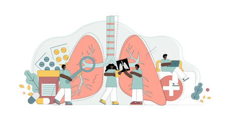 Lung treatment concept. Doctors with medical devices in medical gowns study lung disease treatment, diagnosis, therapy. Medical examination of the lungs