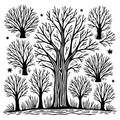 Enchanting winter forest illustration with bare trees and intricate linework design