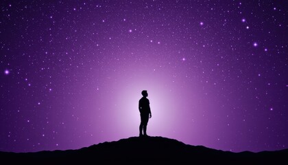 Fototapeta premium Silhouette of a Man Standing on a Hill Under a Starry Purple Night Sky