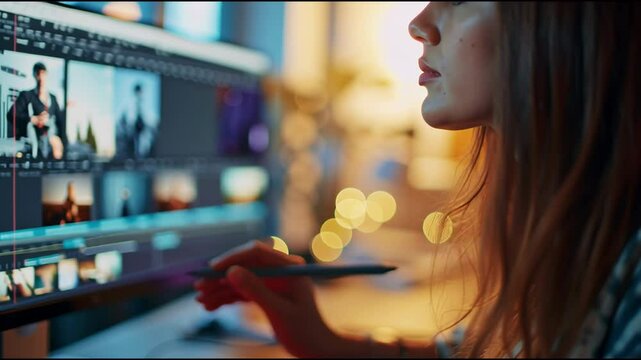 Creative Editor at Work A skilled video editor, meticulously working on a project, concentrating in a focused environment, blending technology and talent for exceptional content.
