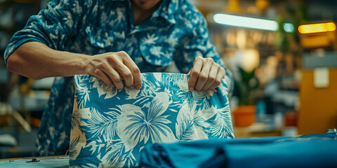 A close-up shot of a person inspecting a vibrant Hawaiian shirt fabric.