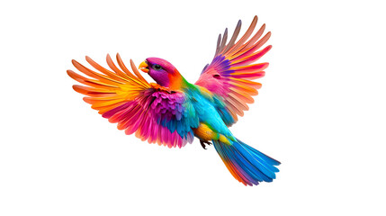 Fototapeta premium A colorful bird with rainbow feathers flying in the air. The bird is in the middle of the image