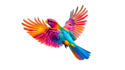 A colorful bird with rainbow feathers flying in the air. The bird is in the middle of the image