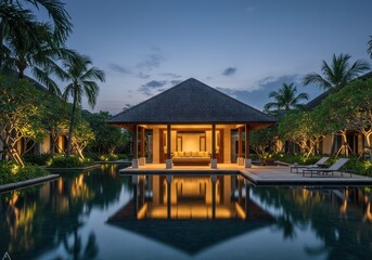 Obraz premium Modern pavilion with warm lighting reflecting in a pool at night