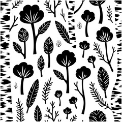 Black and white forest pattern with stylized trees and birch bark borders