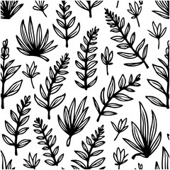 Seamless botanical pattern with black leaves on a white background for textile design