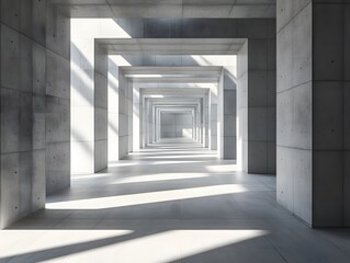 Bright Modern Concrete Hallway Bathed in Sunlight with Bold Geometric Shadows and Minimalist Architecture 
3d render of a corridor