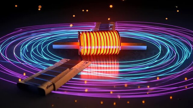 Vibrant electromagnetic coil surrounded by glowing energy waves
