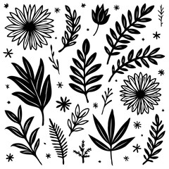 Elegant Botanical Vector Illustration of Flowers and Leaves, Ideal for Design Projects