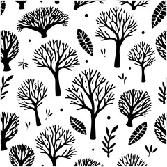 Seamless pattern with stylized trees, branches, and leaves in black and white, forest scene