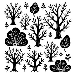 Vector illustration of trees and leaves in a black and white color design