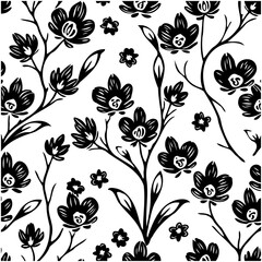 Elegant monochrome floral pattern featuring stylized blossoms and delicate branches design
