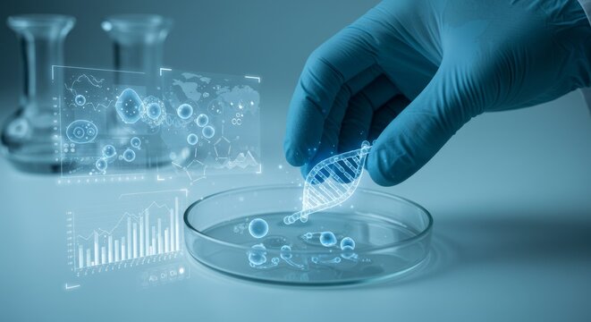 Scientist handling DNA in petri dish with holographic data overlays