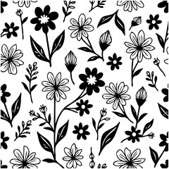 Elegant Black and White Floral Pattern Design with Hand-Drawn Botanical Elements