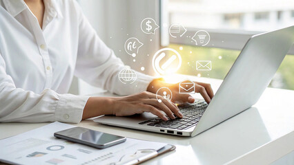 Documents management on laptop screen, Task Management Efficient Workflow and Productivity