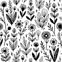 Elegant black and white floral pattern with delicate botanical illustrations