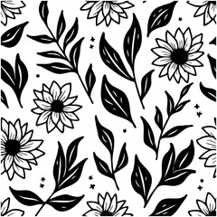 Elegant Black and White Floral Vector Pattern: A Seamless Botanical Illustration
