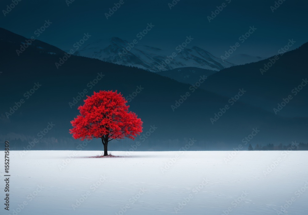 Poster a single red tree stands in a snowy field, with a majestic mountain range in the background under a 