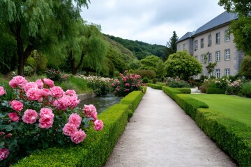 Obraz premium Pink roses blooming near gravel path in Gardens