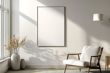 Modern minimalist interior design featuring a comfy armchair, pampas grass, and a blank canvas for artwork or design inspiration.