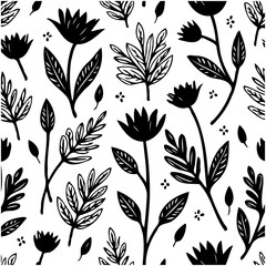 Fototapeta premium Elegant floral pattern in black and white with hand-drawn botanical elements