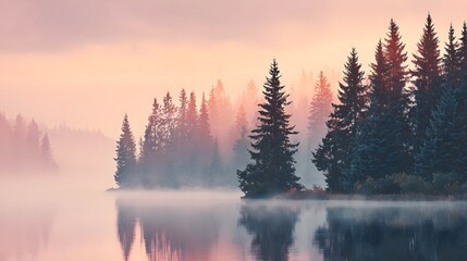 Curtains Beautiful summer landscape with a foggy forest and lake in the morning, misty pine trees at sunrise, a nature background