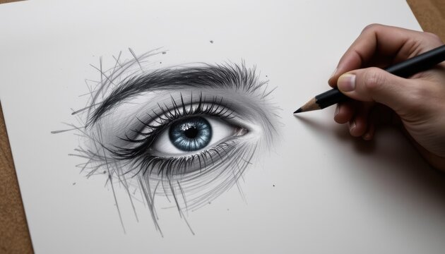 Detailed Pencil Drawing of a Beautiful Eye with Striking Blue Iris and Hand of the Artist - Powered by Adobe