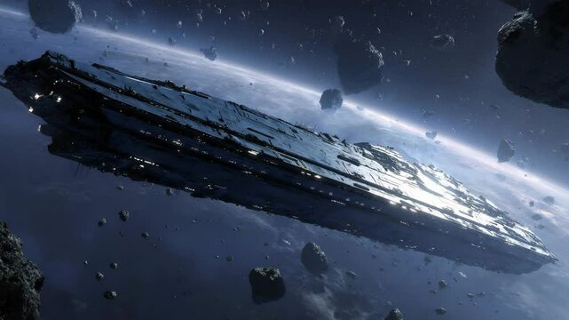 Metallic Spaceship Amidst Asteroids in Deep Space