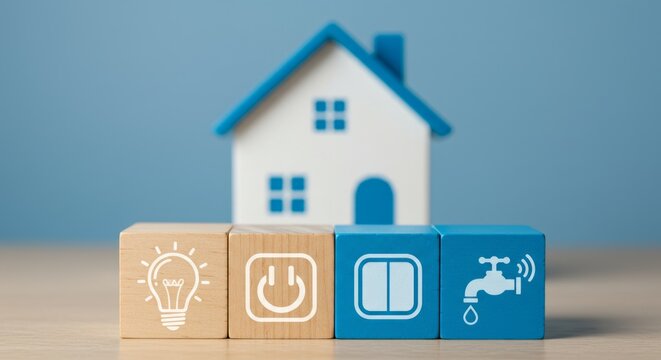 Smart home control system depicted with icons on wooden blocks in front of a small house model