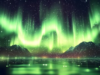Majestic Northern Lights Dancing Above Mountain Silhouettes with Crystal Lake Reflection under Starry Sky aurora borealis over the lake