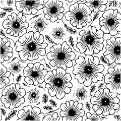 Elegant Floral Pattern: Black and White Seamless Botanical Design with Wildflowers