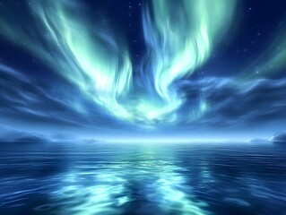 High‑Resolution Aurora Borealis Illuminating Mountain Outlines and Mirror‑Like Water for Scenic Nature Displays night sky with clouds and water