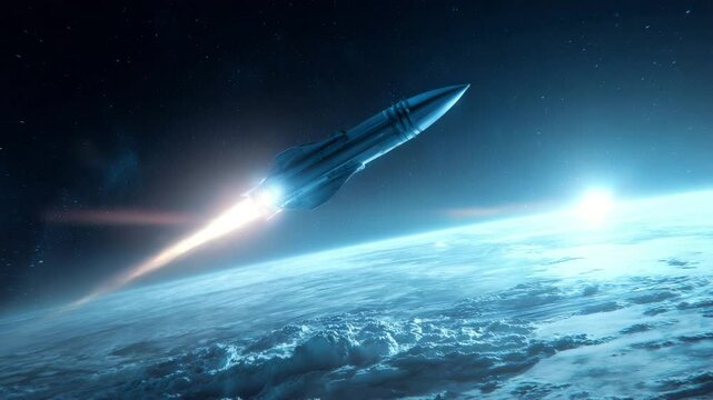 Pixel art rocket launching into space, fiery orange exhaust trail, against a dark blue background with a glimpse of planet Earth. Dramatic lighting, celestial atmosphere.