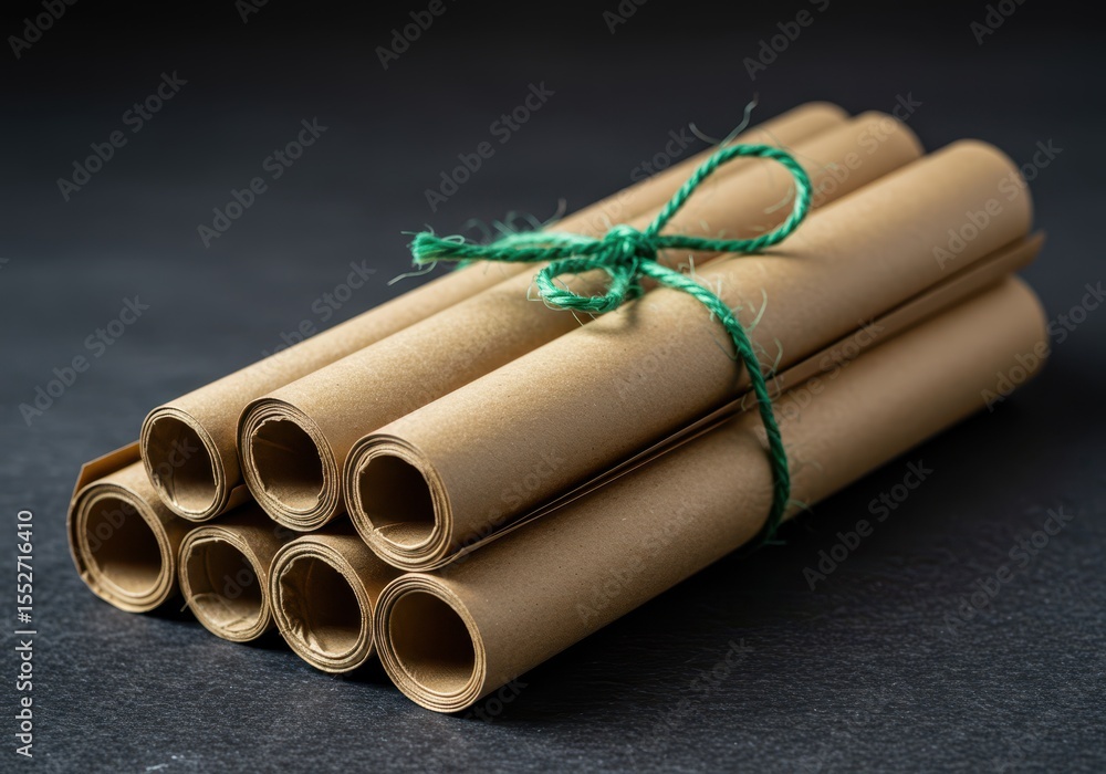 Poster a stack of rolled brown paper scrolls tied with green string on a dark surface