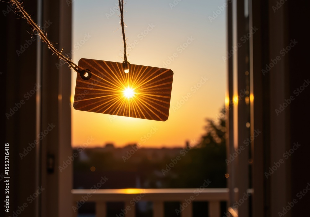 Poster a tag with a sunburst design hangs in front of an open window during a vibrant sunrise