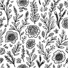 Botanical vector pattern featuring diverse flowers and foliage in a monochrome palette
