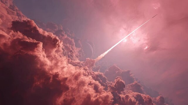 Pink and purple clouds fill the frame as a bright rocket launches, leaving a fiery trail against a vibrant sunset sky. Two smaller objects are visible trailing the rocket.