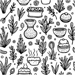 Whimsical botanical doodle seamless pattern design with hand drawn elements illustration
