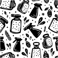 Seamless pattern of cleaning supplies and natural elements in black and white