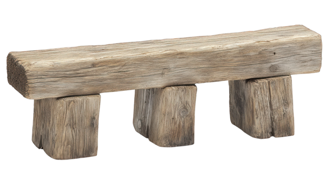 Weathered, rustic, wooden three-legged bench