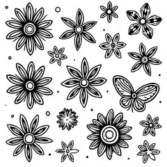 Elegant botanical vector illustration showcasing diverse flower and butterfly shapes