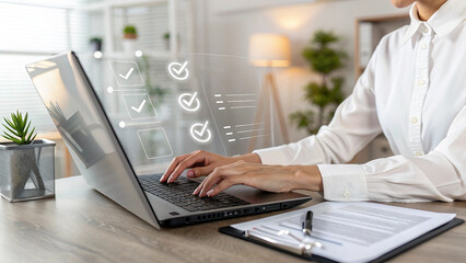 Documents management on laptop screen, Task Management Efficient Workflow and Productivity, Checklist