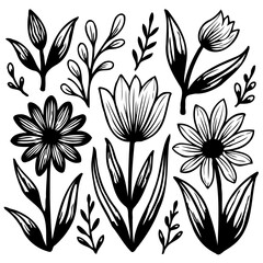 Elegant black and white floral vector illustration with various flower elements