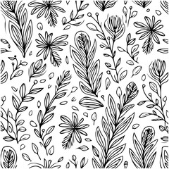 Elegant botanical seamless pattern with hand-drawn black and white foliage