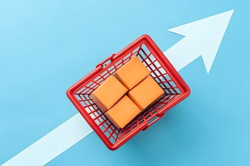 Shopping Cart with Boxes and Up Arrow Representing Inflation, Rising Prices, and Consumer Trends