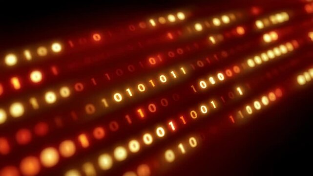Abstract Digital Flow of Orange and Red Binary Code Cascading in a Stream