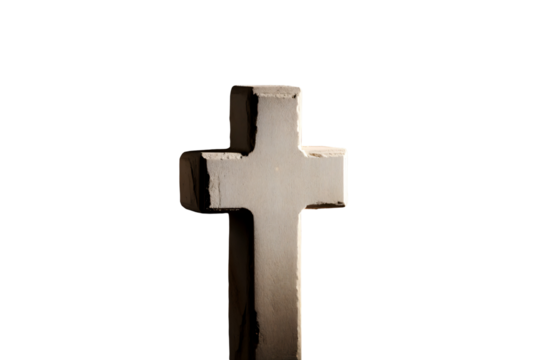 Old stone religious cross isolated on white background with symbolic spiritual meaning
