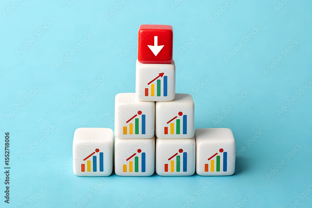 Fototapete bar graph cubes with red downward icon representing performance decline and data analytics