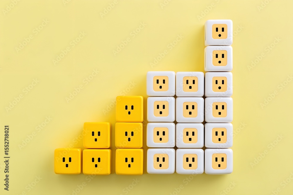 Poster outlet-faced cubes on yellow steps representing power, progress, and minimal ui design concepts
