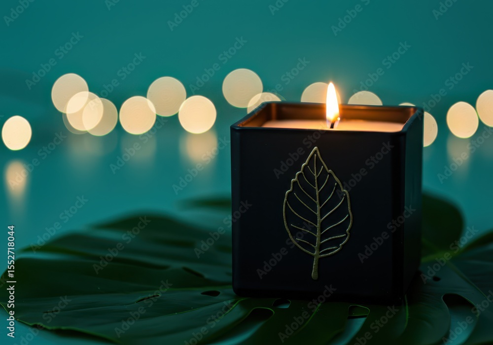 Poster a black square candle with a leaf design burning on a table with bokeh lights